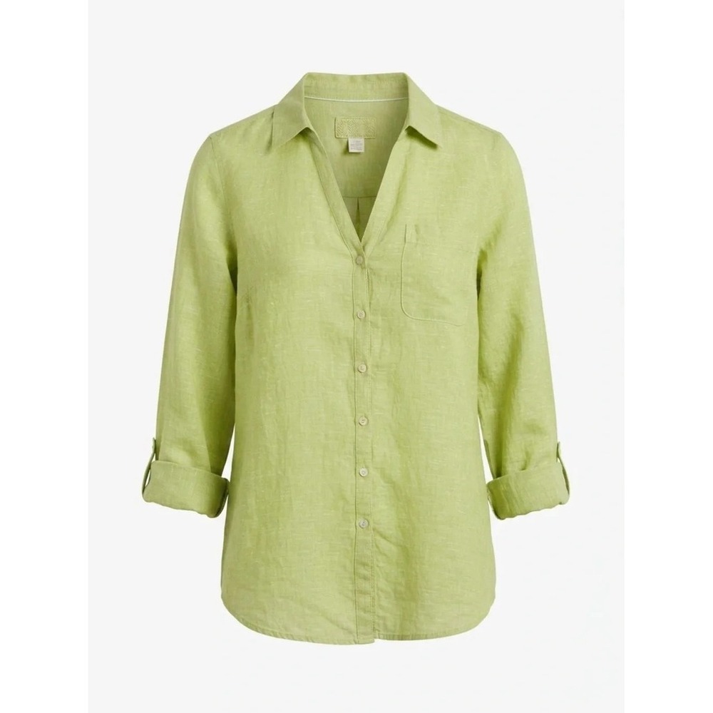 Sigrid Olsen Lime Green Linen Blouse Button Down Roll Tab Sleeve Beachy (Size M)